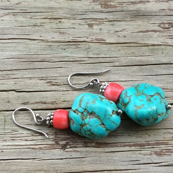 Silver Turquoise Red Earrings - Picture 1 of 2